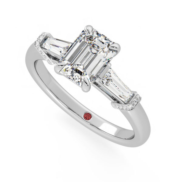 Uptopia emerald cut diamond engagement ring tapered baguette diamonds trilogy ring