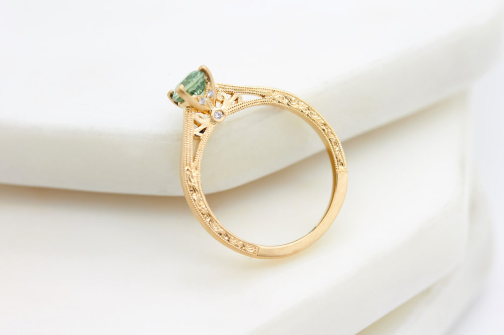 Taylor & Hart, Customer Love Story, Happy Customers, Sapphire, Yellow Gold, Engagement ring, Green Sapphire