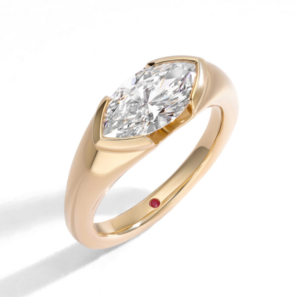 East-West marquise diamond yellow gold engagement ring modern