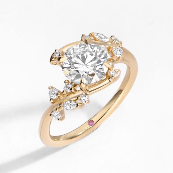 Organic petal round diamond yellow gold engagement ring
